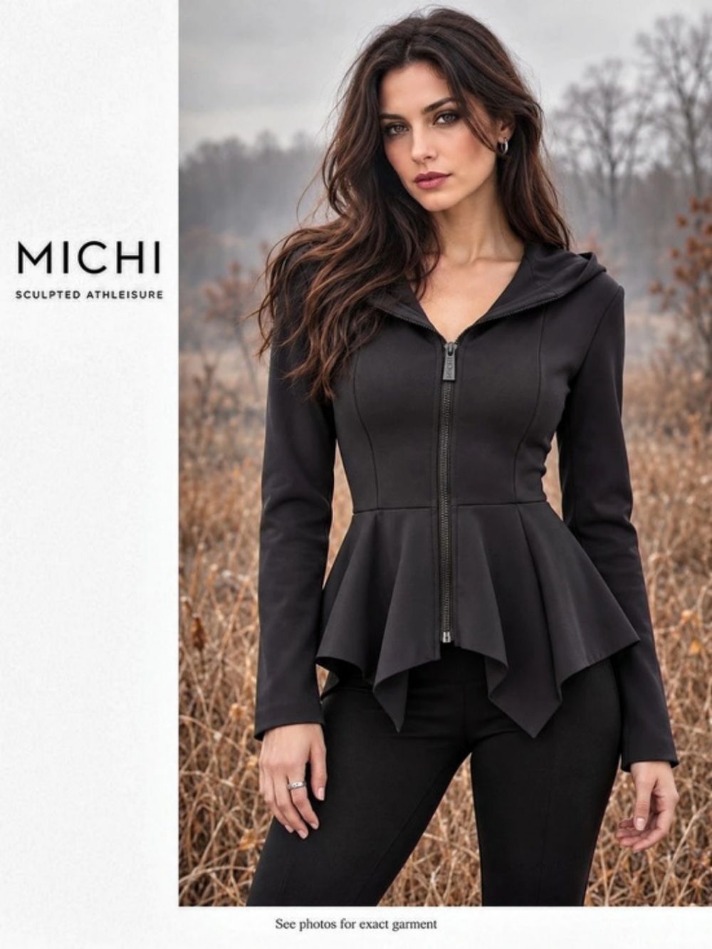 Michi Peplum Zip Hoodie Jacket Black Large Premium Yoga Athleisure Retail $375+